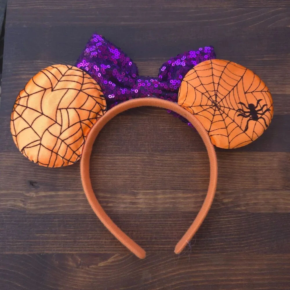 Halloween Spider Web Minnie Mouse Ears Purple Bow Orange Headband